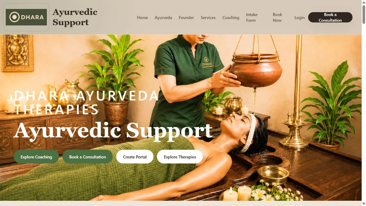 Dhara Ayurveda website homepage
